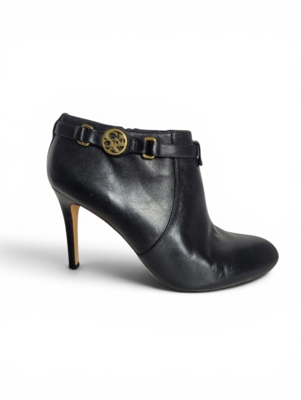 Coach Salene Leather Ankle Boots Stiletto Brass Monogram Hardware Black 7.5 B